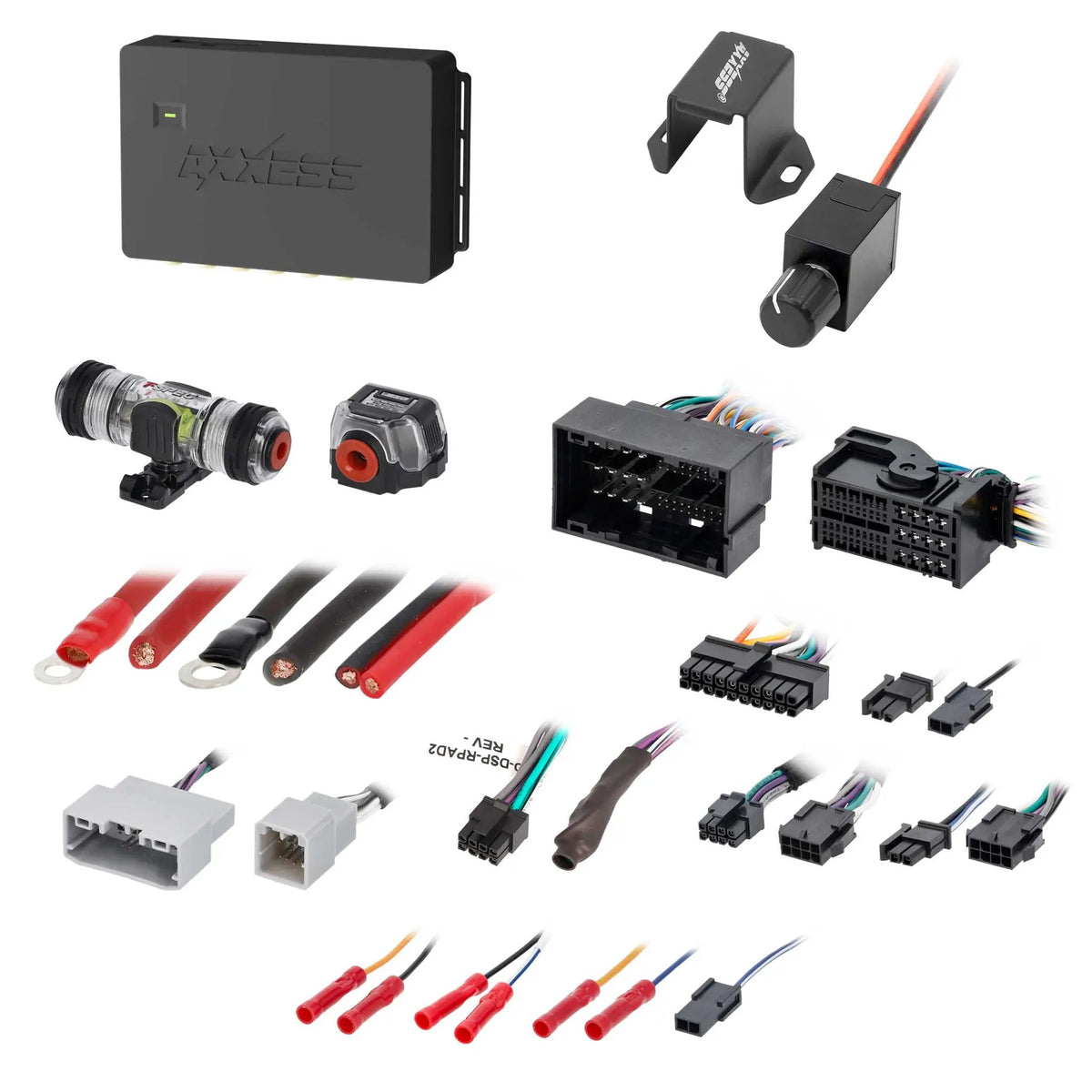 Axxess interface, wired control knob, fuse holder, power terminals and assorted wiring connectors