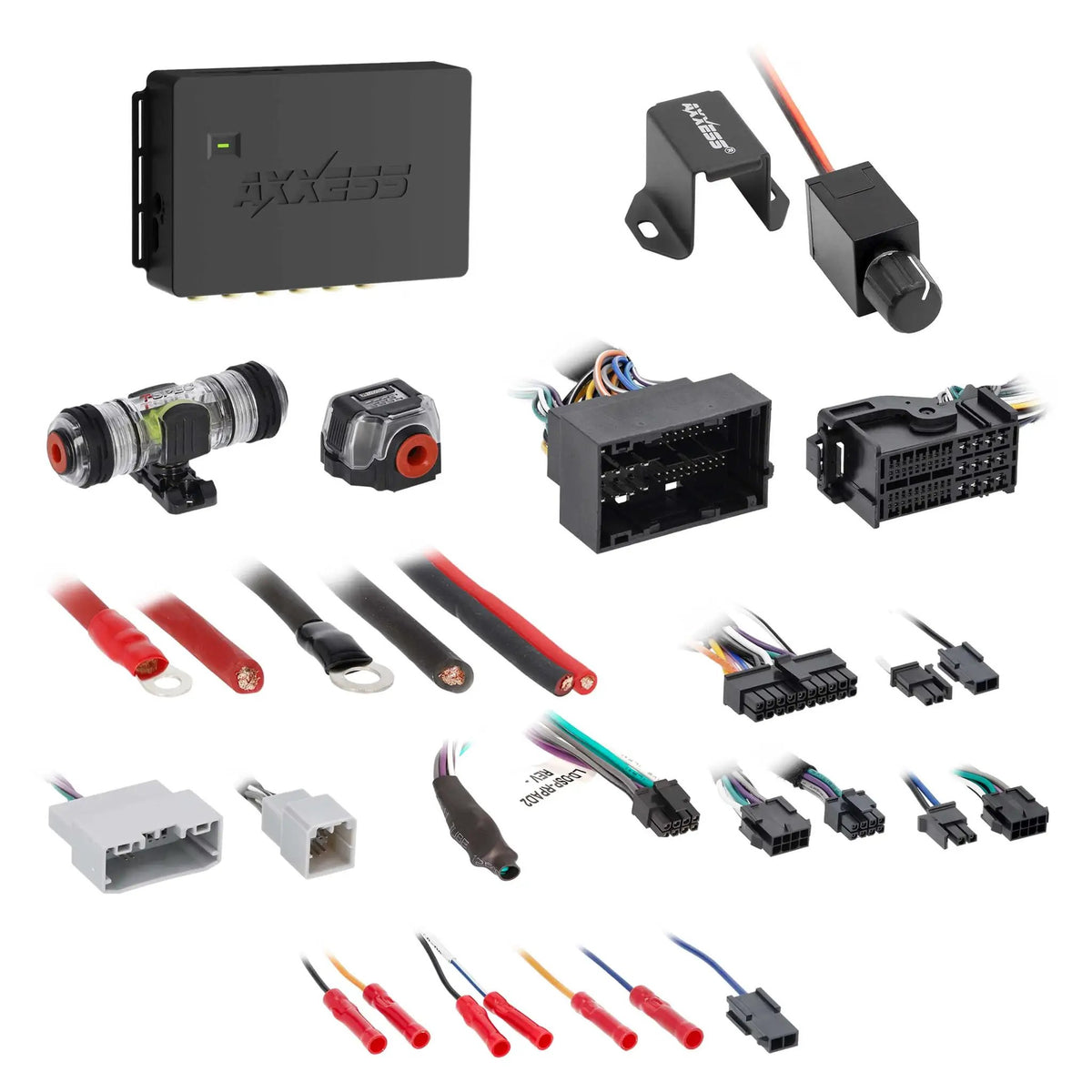 Axxess interface kit with remote knob, large harness plugs, fuse holders, power leads and crimp terminals