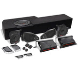 VIBE audio kit with a loaded enclosure, speaker pods, tweeters, grilles, mounting panels and two amplifiers