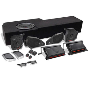 VIBE audio kit with a loaded enclosure, speaker pods, tweeters, grilles, mounting panels and two amplifiers