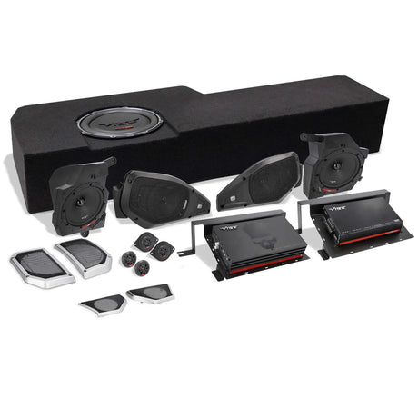 VIBE audio kit with a loaded enclosure, speaker pods, tweeters, grilles, mounting panels and two amplifiers