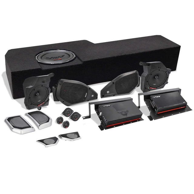 VIBE audio kit with a loaded enclosure, speaker pods, tweeters, grilles, mounting panels and two amplifiers