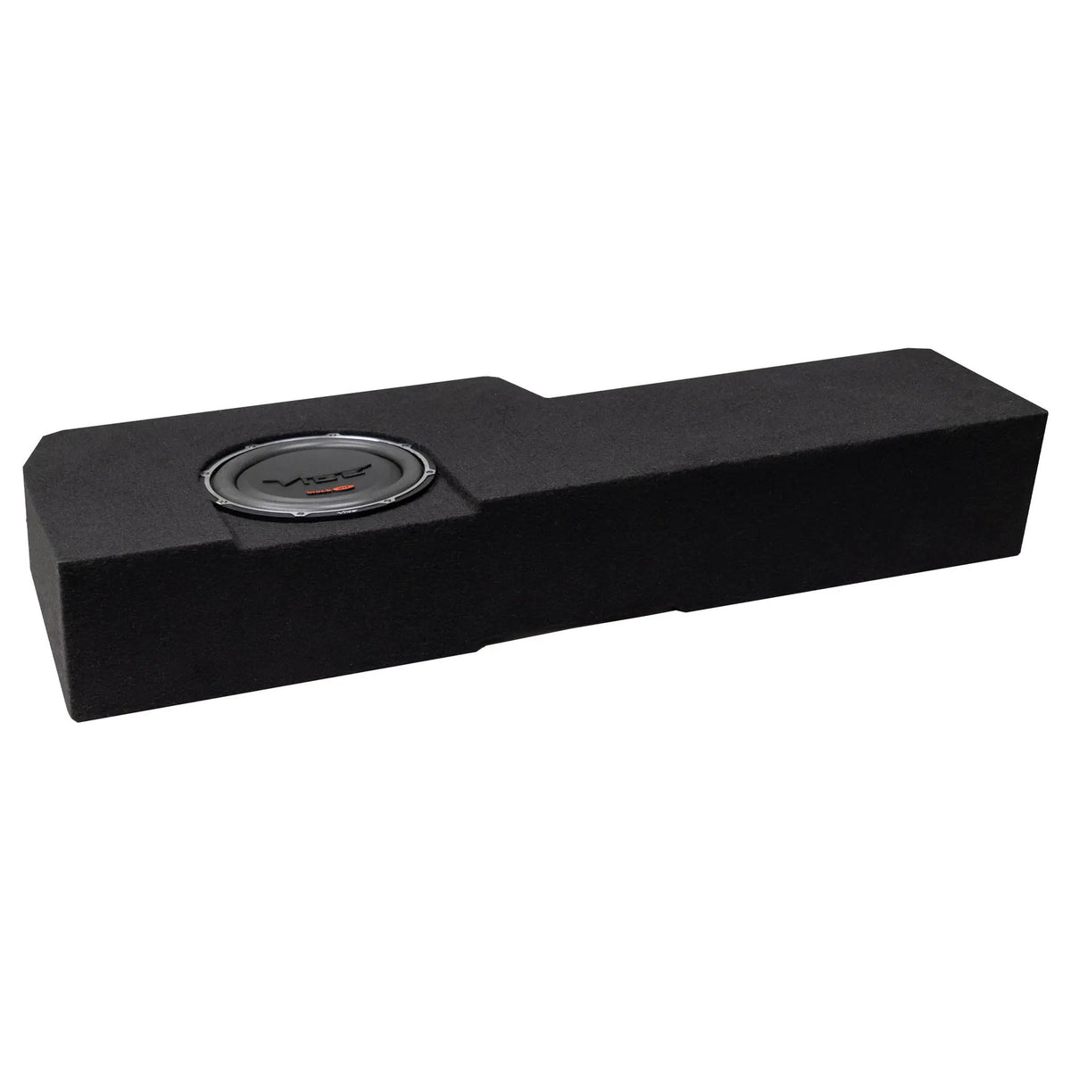 Angled view of a long black carpeted enclosure with a recessed VIBE subwoofer