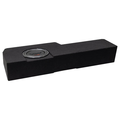 Angled view of a long black carpeted enclosure with a recessed VIBE subwoofer