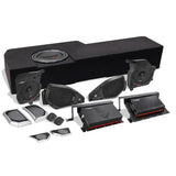 Audio kit with a long loaded enclosure, speaker pods, grilles, tweeters and two amplifiers