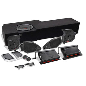 Audio kit with a long loaded enclosure, speaker pods, grilles, tweeters and two amplifiers