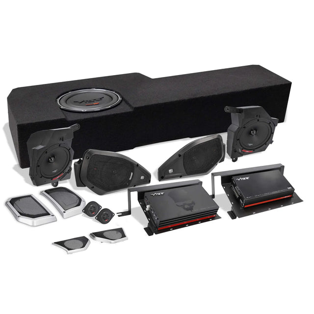 Audio kit with a long loaded enclosure, speaker pods, grilles, tweeters and two amplifiers