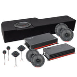 VIBE audio components with a long loaded enclosure, round speakers, tweeters and two amplifiers