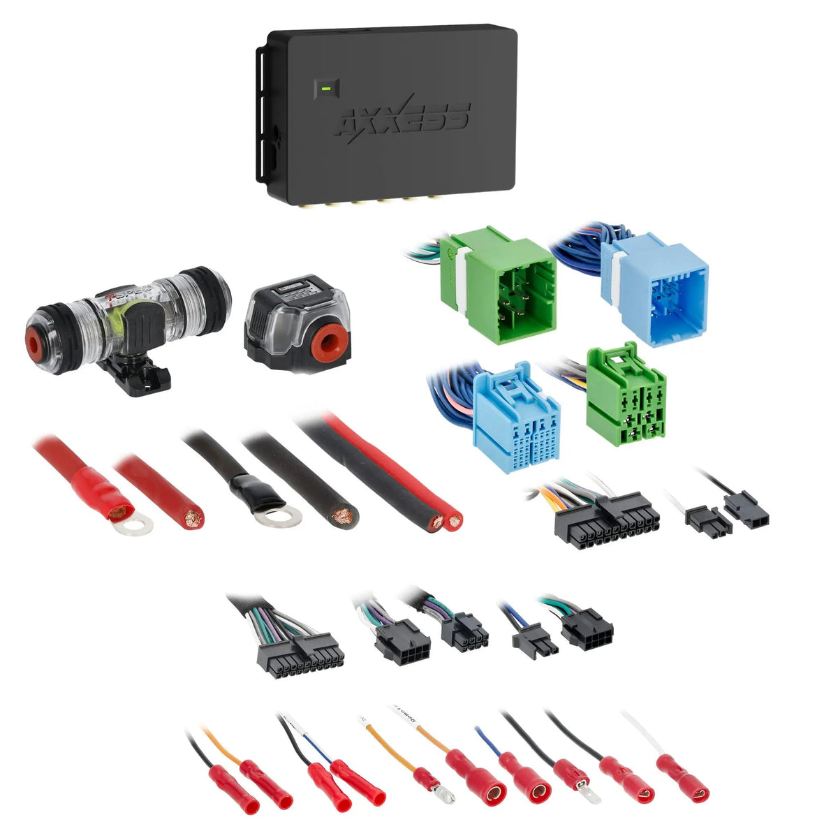 Axxess interface with blue and green wiring plugs, fuse holder, power terminals and small connectors