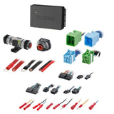 Audio interface with blue and green plugs, fuse holder and power connection leads