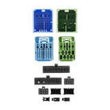 Connector-face views of blue, green and black multi-pin wiring plugs