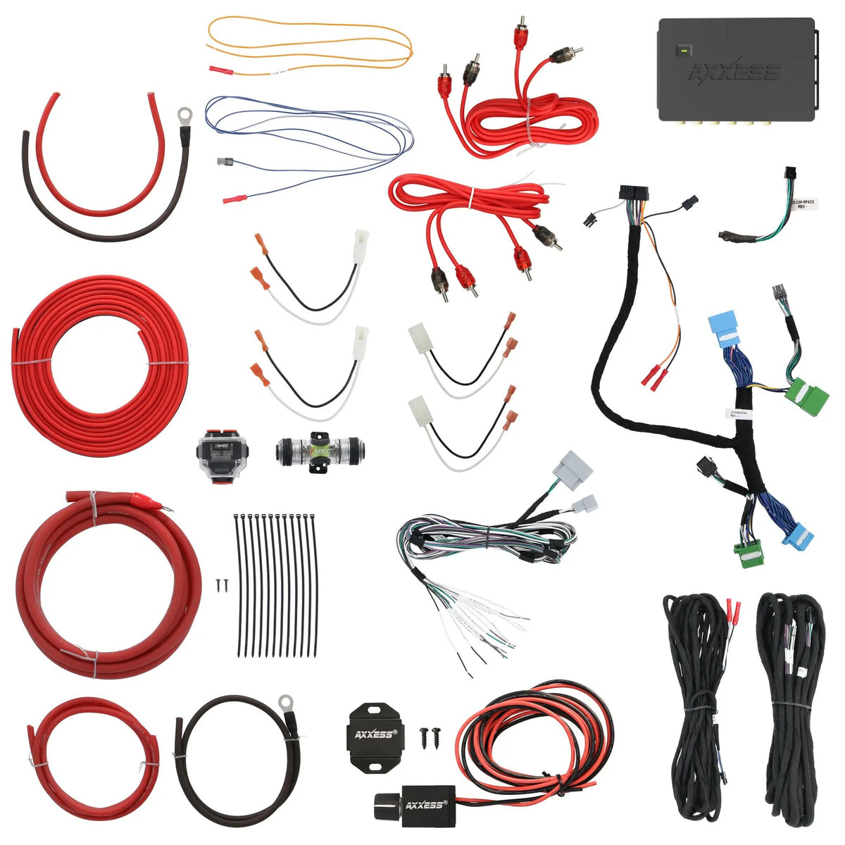 Vehicle audio wiring harnesses and power cables arranged beside an interface module