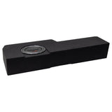Angled view of a long black carpeted enclosure with a recessed VIBE subwoofer