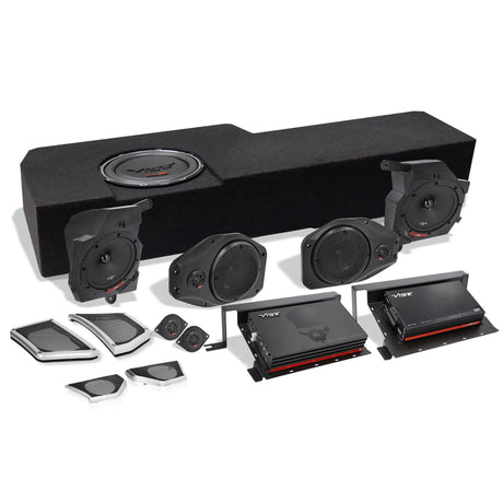 VIBE audio components with a long loaded enclosure, round and oval speaker pods, tweeters, grilles and amplifiers