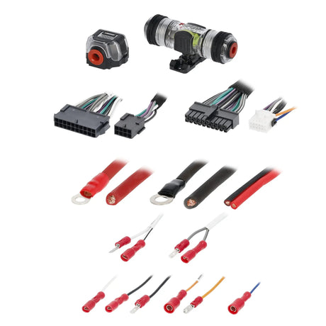Fuse holders, black harness plugs, red and black power leads and crimp connectors laid out on white