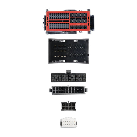 Connector-face views of red, black and white multi-pin wiring plugs