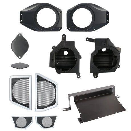 Black speaker adapter pods, silver-trimmed grilles and a mounting tray arranged for installation