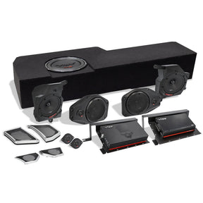 VIBE audio kit with a long subwoofer enclosure, two amplifiers, speakers, tweeters and replacement grilles
