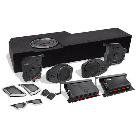 VIBE audio kit with a long subwoofer enclosure, two amplifiers, speakers, tweeters and replacement grilles