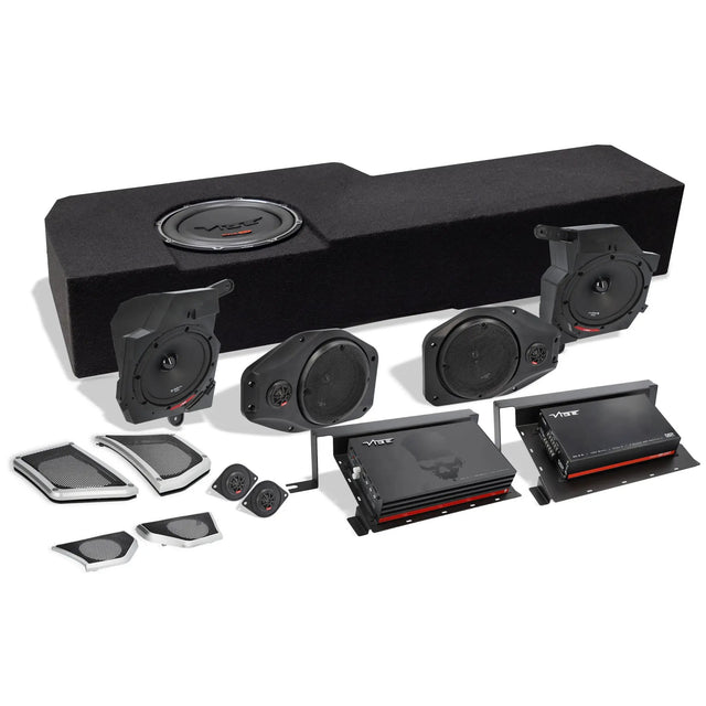 VIBE audio kit with a long subwoofer enclosure, two amplifiers, speakers, tweeters and replacement grilles