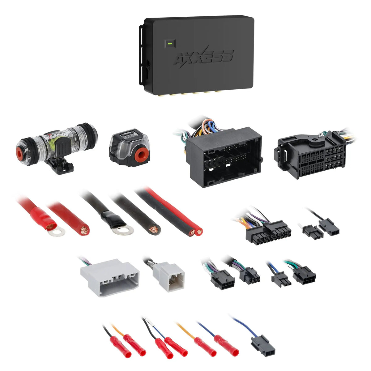 Axxess interface module with large wiring plugs, fuse holders, power leads and smaller harness connectors