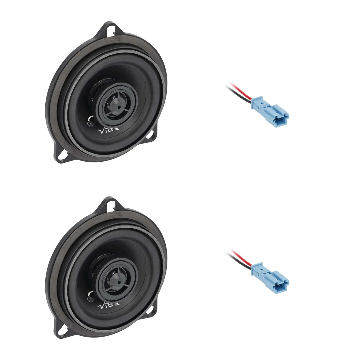 Two VIBE coaxial speakers with blue wiring connectors