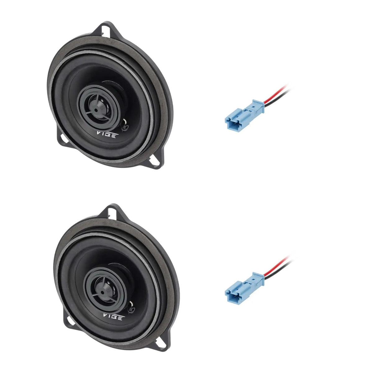 Pair of black VIBE coaxial speakers with triangular mounting tabs and blue wiring connectors