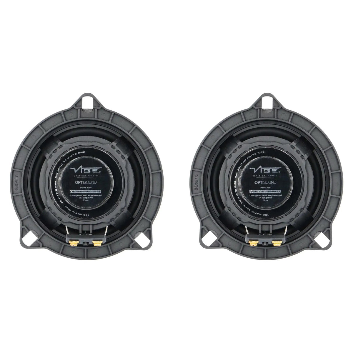 Rear view of two VIBE OPTISOUND coaxial speakers with labeled magnets and gold terminals