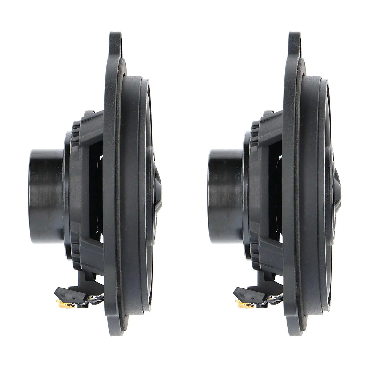 Side view of two shallow VIBE coaxial speakers showing baskets and magnets
