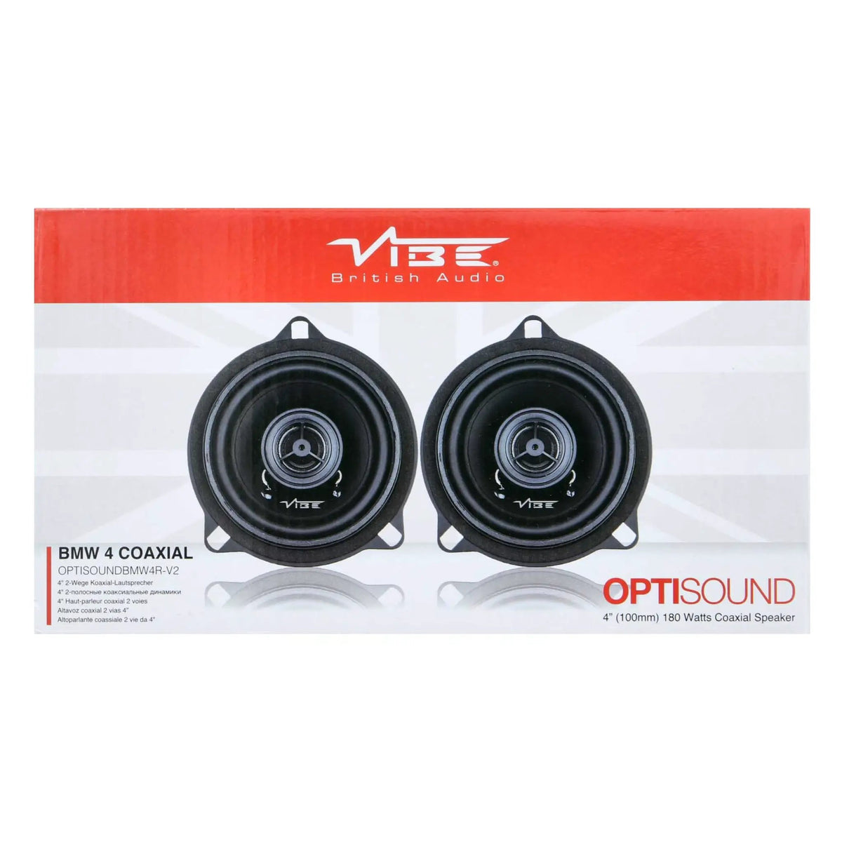 VIBE OPTISOUND BMW coaxial speaker packaging front with illustrations of two speakers