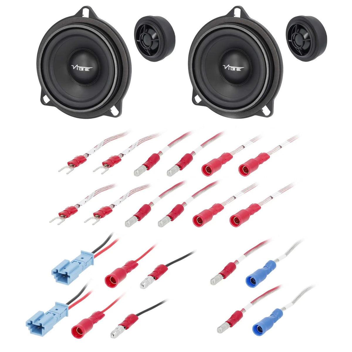 Two VIBE component speakers, separate tweeters and wiring adapters arranged on white