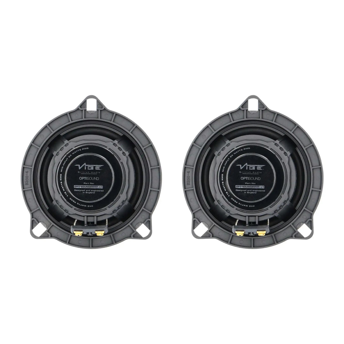 Rear view of two VIBE OPTISOUND speakers with labeled magnets and three mounting tabs