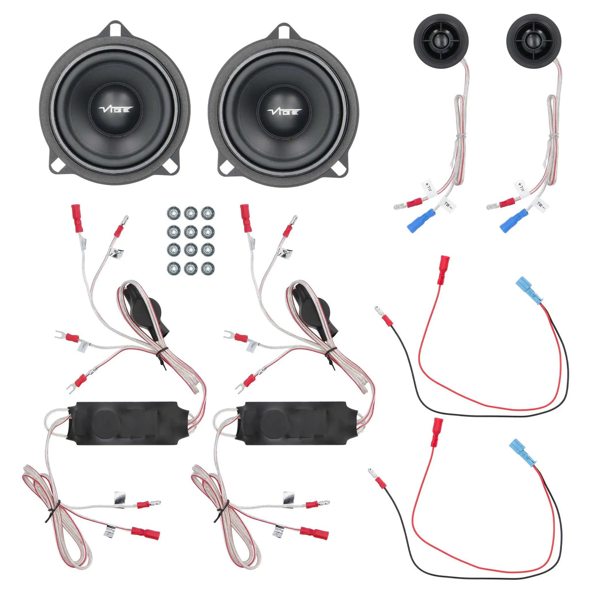 VIBE component speaker kit laid out with tweeters, crossover modules, wiring and mounting washers