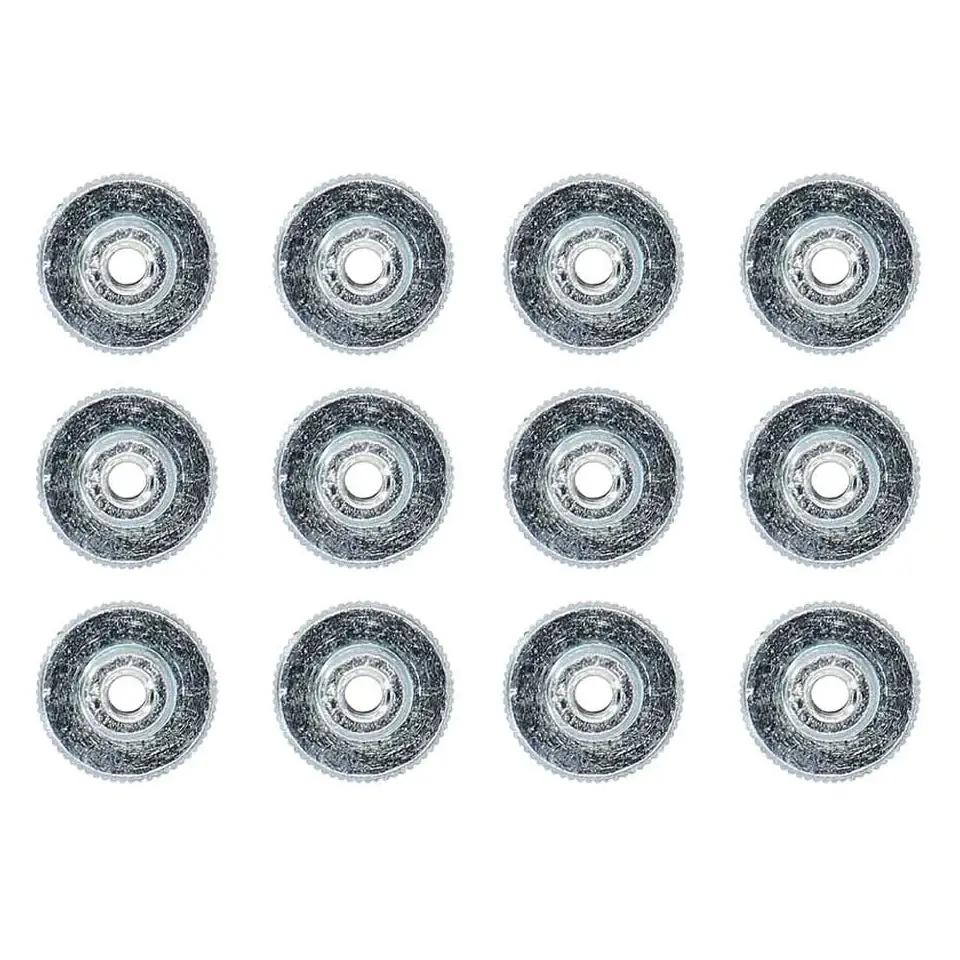 Twelve metal mounting washers arranged in three rows