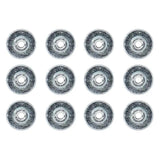 Twelve metal mounting washers arranged in three rows