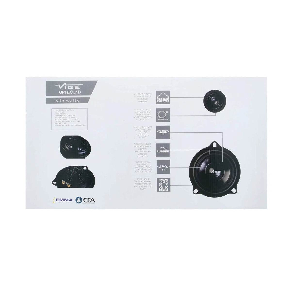 VIBE speaker packaging highlighting silk-dome tweeters, paper-composite cones and rubber surrounds