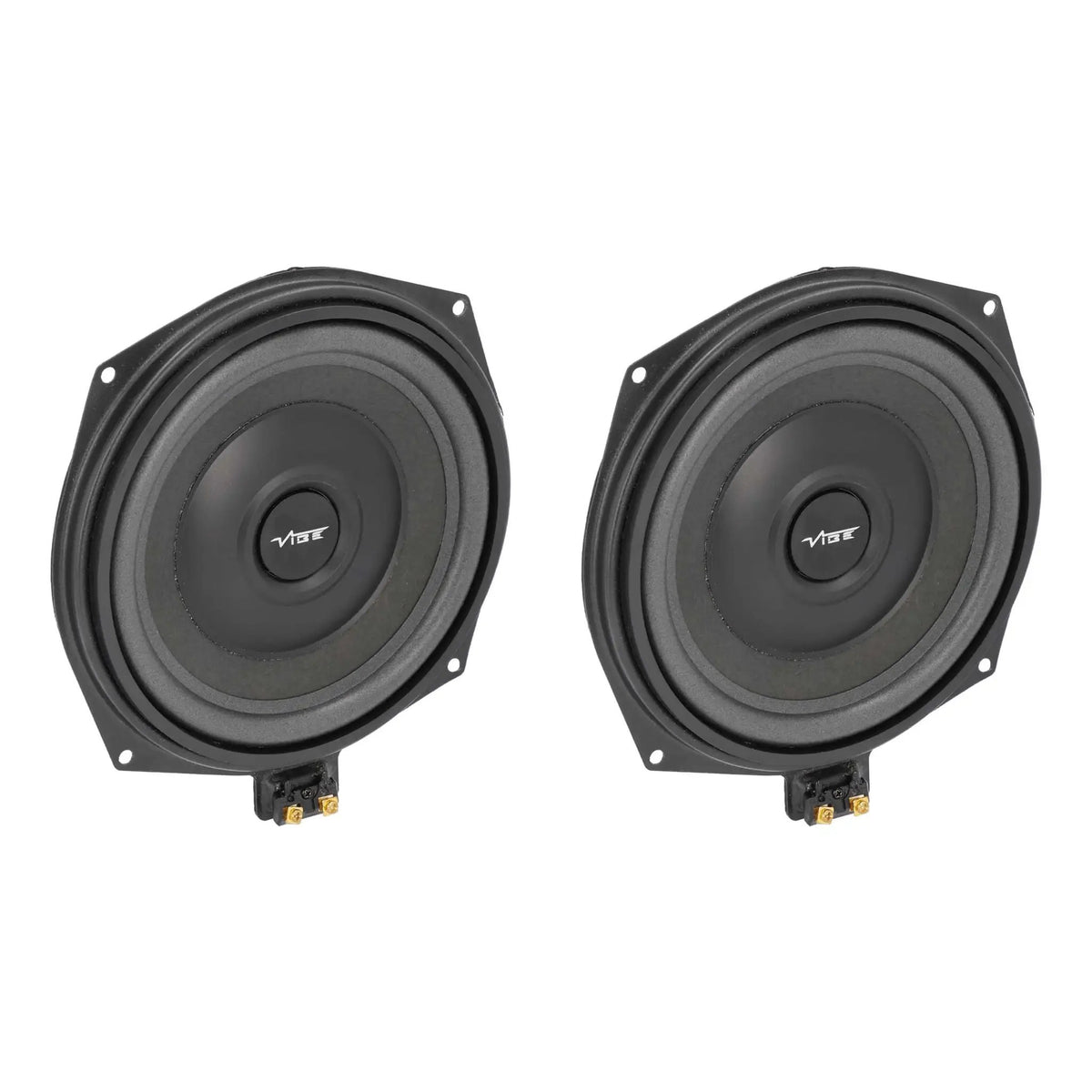 Angled front view of two black VIBE speakers with square mounting corners and lower terminals