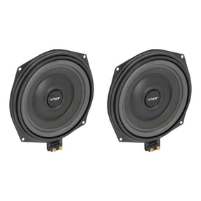 Angled front view of two black VIBE speakers with square mounting corners and lower terminals