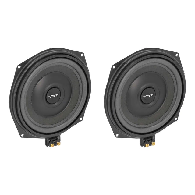 Angled front view of two black VIBE speakers with square mounting corners and lower terminals