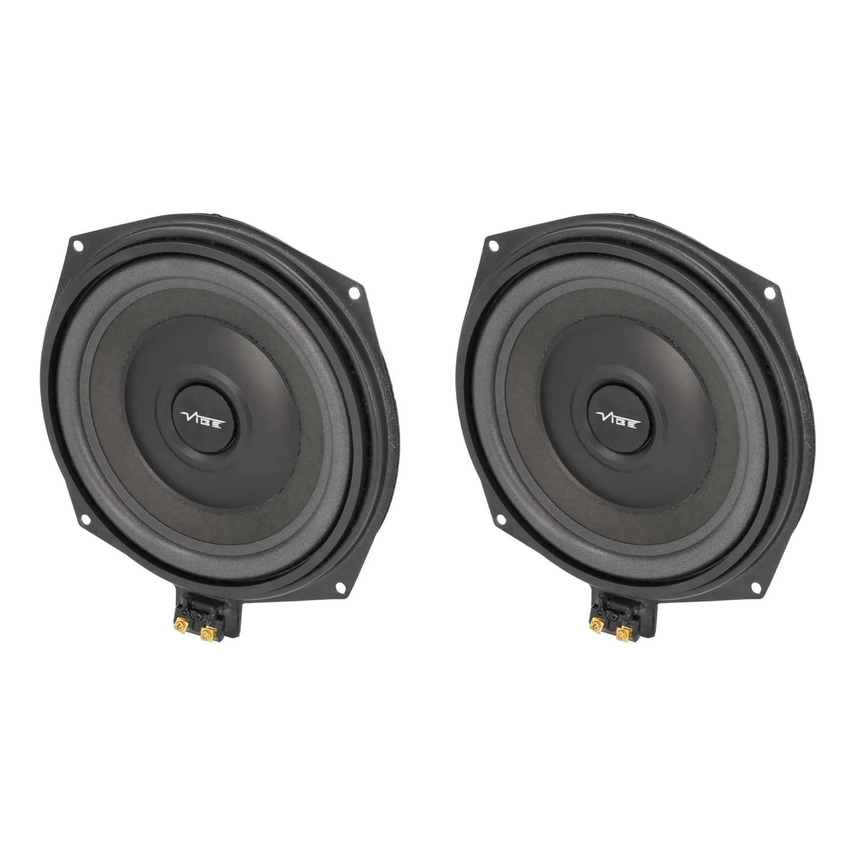 Pair of black VIBE speakers viewed at an angle, showing their cones and lower terminals