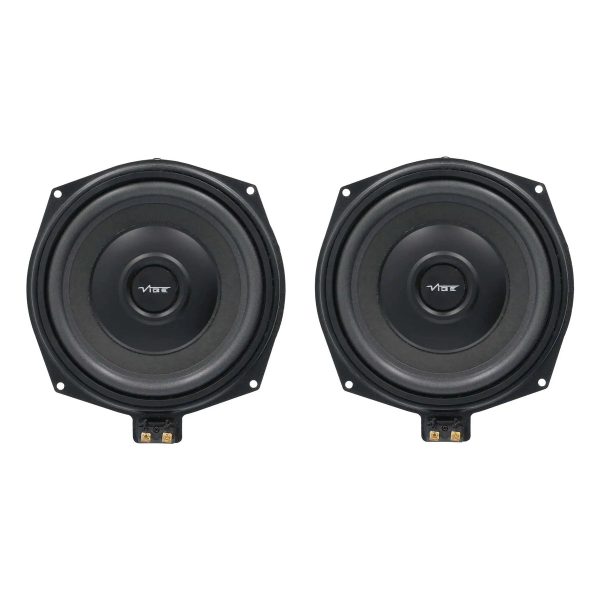 Pair of black VIBE speakers with square mounting corners and lower terminals