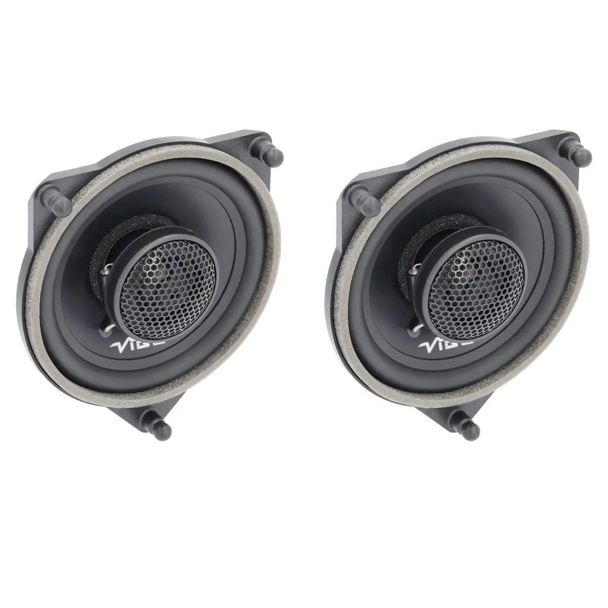 Angled pair of VIBE coaxial speakers with mesh-covered center tweeters and foam-edged triangular frames