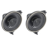 Angled pair of VIBE coaxial speakers with mesh-covered center tweeters and foam-edged triangular frames
