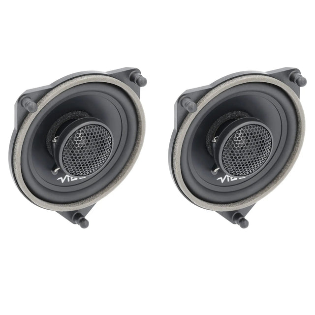 Angled pair of VIBE coaxial speakers with mesh-covered center tweeters and foam-edged triangular frames