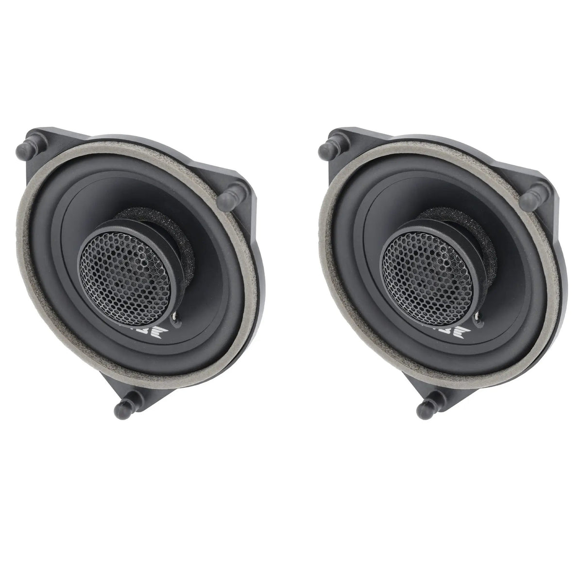 Angled front view of two VIBE coaxial speakers with mesh-covered tweeters