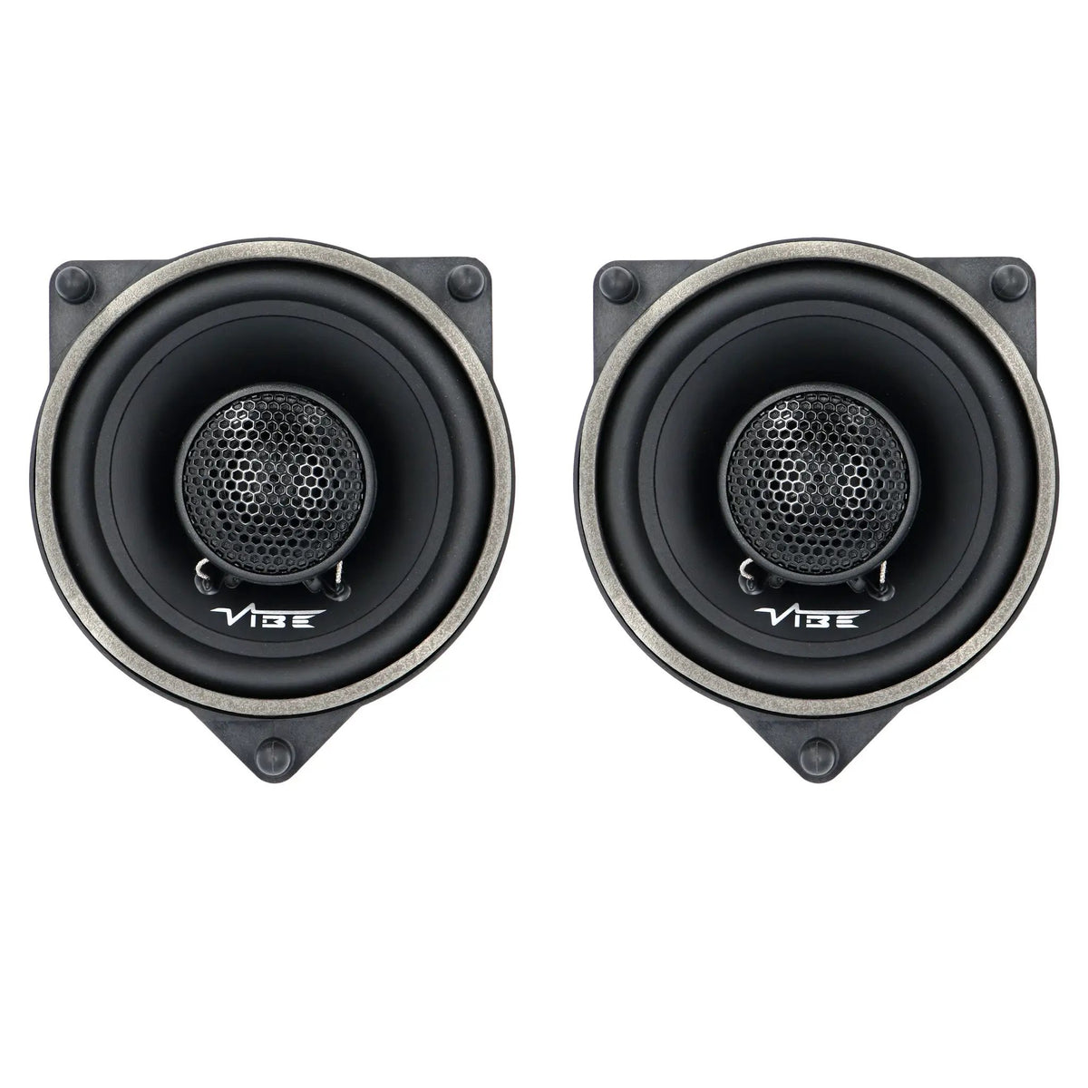 Front views of two VIBE coaxial speakers with mesh-covered tweeters and triangular mounting frames