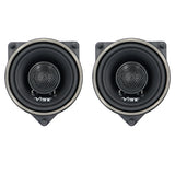 Front views of two VIBE coaxial speakers with mesh-covered tweeters and triangular mounting frames