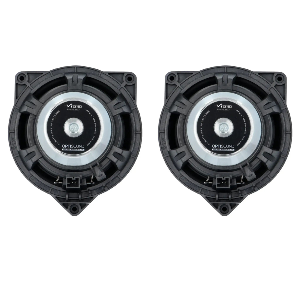 Rear view of two VIBE OPTISOUND speakers with silver magnets and triangular mounting frames