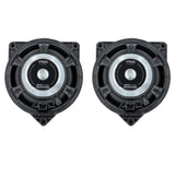 Rear view of two VIBE OPTISOUND speakers with silver magnets and triangular mounting frames