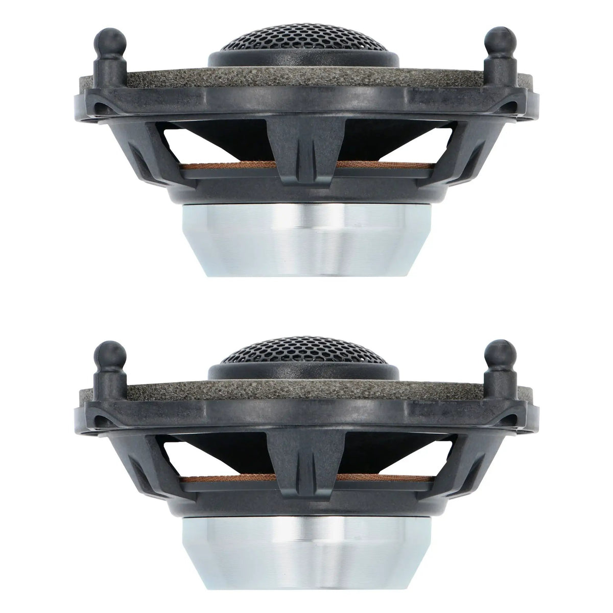 Two VIBE coaxial speakers in side profile, showing their baskets, silver magnets and raised tweeters